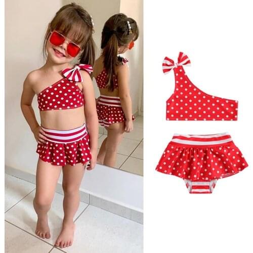 Child Baby Girls Swimsuits Sweet Polka Dotted Top Bow Tutu Skirt Split Bikini Set Swimwear Biquini Swimming Costume 2pcs
