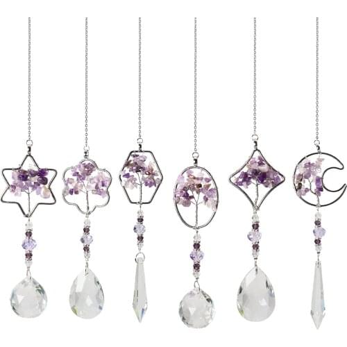 Purple Life Tree Crystal Prisms Hanging Rainbow Chaser Lighting for Window Curtains Pendant Home Garden Decor Gifts