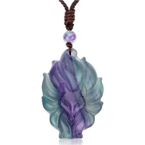 KFT Natural Reiki Fluorite Crystal Colorful Nine Tailed Fox Pendant Hand Carved Stone Pendant Adjustable Rope Chain Necklace
