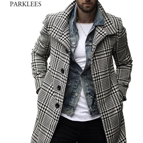 Mens Fashion Plaid Checked Trench Coat Brand Slim Fit Streetwear Overcoat Single Breasted Outwear Windbreaker Manteau Homme