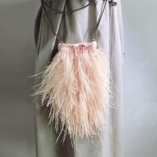 Real Feather Bags Stylish Womens Shoulder Crossbody Bag Lady Personality Ostrich Hair Drawstring Sling Bag Purses and Handbags