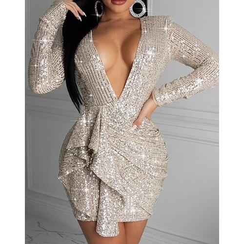 Ninimour Women Plus Size Sequin V Neck Backless Bodycon Dress 2021 Femme Ruffles Deco Evening Robe Lady Party Clothing Vestidos
