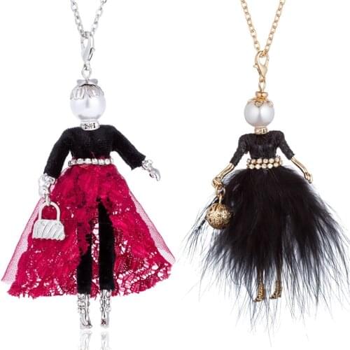 HOCOLE New Handmade Doll Necklace Feather Dress Long Chain Pendant Women Fashion Rhinestone Cute Girl Necklace Statement Jewelry