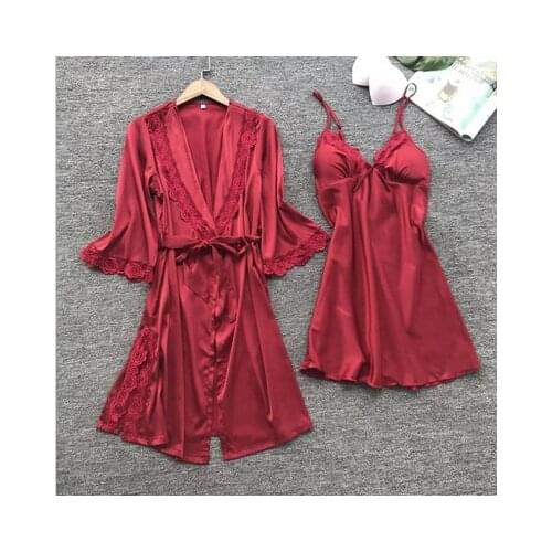 Pajama Set Women Lace Trim Satin Sleepwear Summer Nightwear With Pants Casual Home Wear