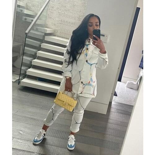 RMSFE 2021 Women Long Sleeved Shirt Collar Coat Simple Fashion Casual Printed Trousers Two-Piece Set