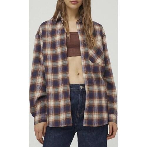 Womens Retro Color Check Shirt All-Match Lapel Long Sleeve Pocket Casual Spring And Autumn New Style