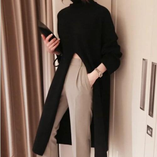 BeeHouse woman turtleneck women sueteres de mujer mulher camisola feminina sueter Slit fashion High neck long dress sweate