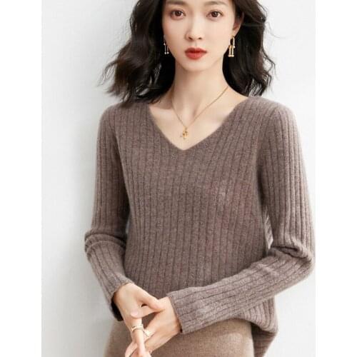 2021 Autumn Winter New 100% Wool Sweater Womens Pullover Loose Simple V-Neck Basic Solid Color Wild Knitting Bottoming Shirt