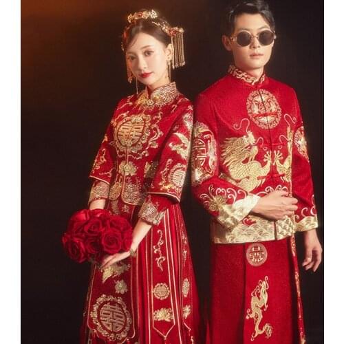 Women Embroidery Wedding Suit Cheongsam Chinese Traditional Elegant Bride Vintage Qipao Dress китайская одежда