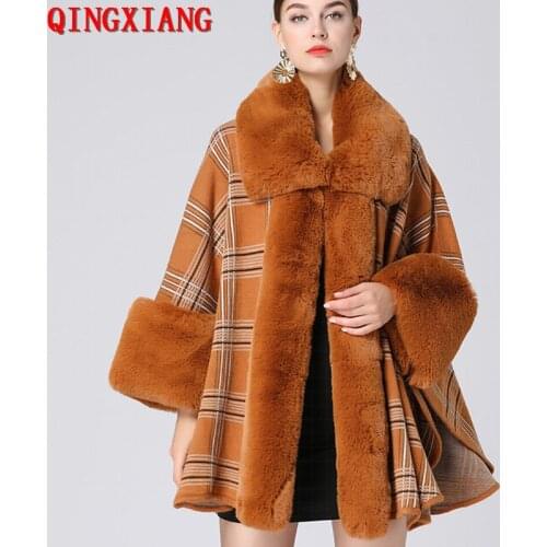 2021 Women Party Overcoat Cloak Winter Imitation Rabbit Fur Big Collar Knitted Cardigan Cape Cashmere Long Sleeve Plaid Poncho