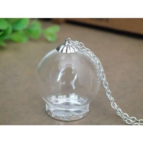 30x20mmGlass round globe sliver plated base sit glass vial pendant Mini jewelry pendant, with chain
