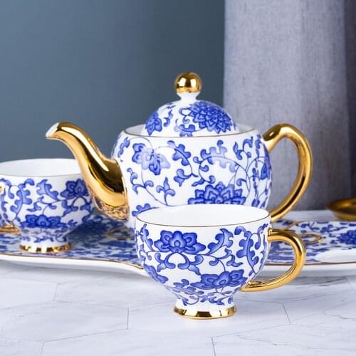 Blue Lotus Teapot Set Chinese Bone China Teapot Teacup Saucer Home Tea Set