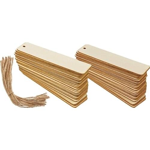 Wood Blank Bookmarks DIY Wooden Craft Bookmark Unfinished Wood Hanging Tags Ornaments with Holes and Ropes (36 Pcs)