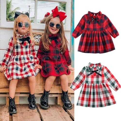 Wallarenear Baby Dress Plaid Printed Bow Decorated Full Length Regular Sleeve Turtleneck Cotton Fashion A-line Clothes
