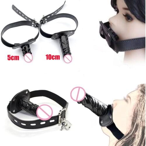 Open Mouth Penis Plug Bite Oral Dildo Mouth Gag BDSM Bondage Lockable Sex Slave Strapon Muzzle,Leather Harnes Oral Fixation Tool