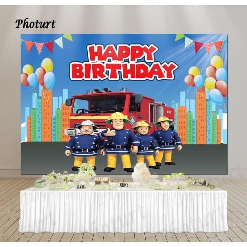 PHOTURT Fireman Sam Backdrop Kids Birthday Background Fire Truck Balloon Flag Vinyl Photography Photo Party Decorate Props