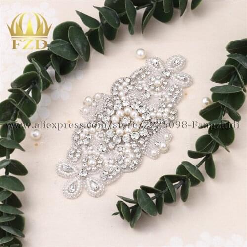 FZD Wholesale 30 PCS Hot Fix Iron On Beaded Appliques Rhinestone Crystal Sew On Wedding Dress Bridal Sash and DIY Headbands Bags