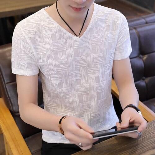 Hot 2021 Summer Hollow Ice Silk Slim T Shirt Men Short Sleeve V-NECK Breathable Soft White T-shirt High Quality Plus Size D84
