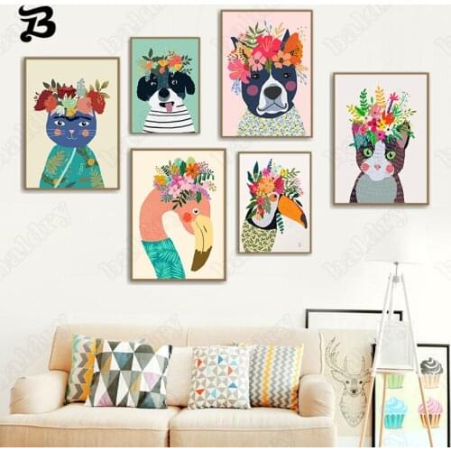 Pretty Animals Canvas Painting Wall Art Colorful Pet Dog Cat Swan Flowers Nordic Posters and Prints Wall Pictures for Room Decor