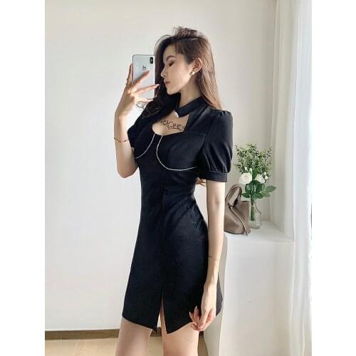 Summer Party Basic Dresses Ladies Short sleeve Hollow Out Solid Slim Mini Dress Casual Fashion Split fork Sexy black dress