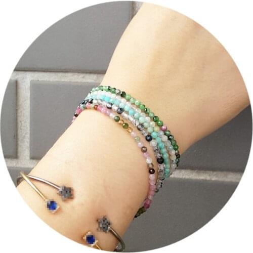 Lii Ji Natural Gemstone 3mm Sparking Tourmaline Aquamarine Moonstone Rhodochrosite Bracelet For Women or Men Daily Wear