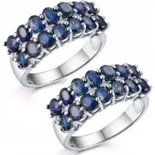 Milangirl Trendy Two Rows Blue Crystal Zircon Ring Silver Color Oval Rhinestone Rings for Women Wedding Jewelry Engagement Bands