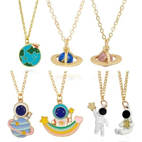 Creativity Space Astronaut Pendant Necklace Green Earth Stellar Planet Universe Space pilot Necklace Women Kids Jewelry Gifts