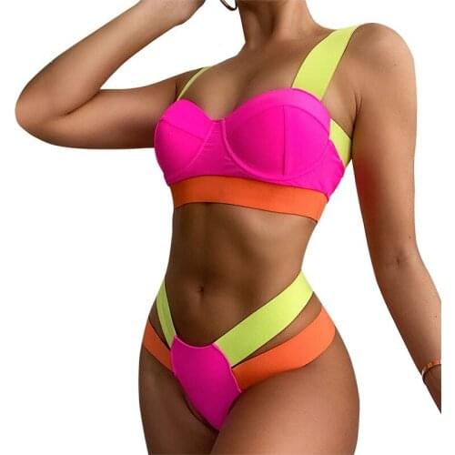 Sexy Patchwork Color Women Swimsuit Bikini 2021 Summer New Push Up Low Waist Swimming Bathing Wear Femme Beach Biquini