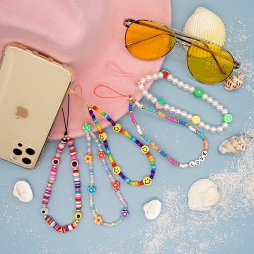Polymer Clay Mobile Phone Lanyard Bohemian Colorful Acrylic Beads Mobile Phone Chain Charm Fruit/Flower Shape Telephone Jewelry