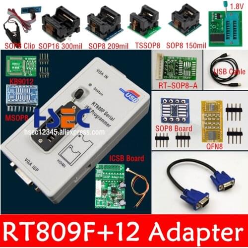 Original RT809F programmer +12 Adapters+sop8 IC clip+CD+1.8V / SOP8 Adapter VGA LCD ISP programmer adapter universal programmer