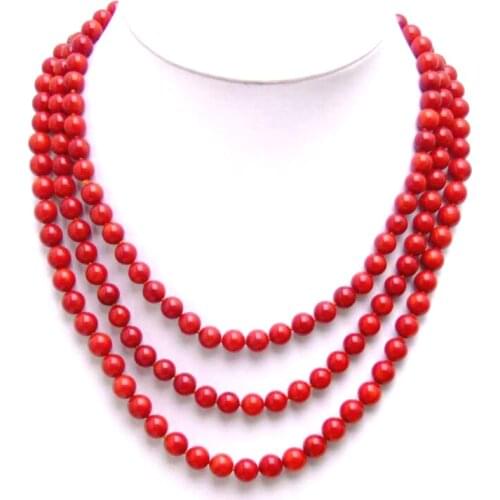 Qingmos Fashion 6-7mm Round Natural Red Coral Necklace for Women with Genuine Red Coral Stone Necklace 3 Strands 17-19" Jewelry