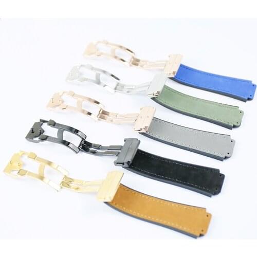 New 25*19mm Crazy horse leather Nature rubber silicone watchband watch band strap for strap for Big bang belt accessories