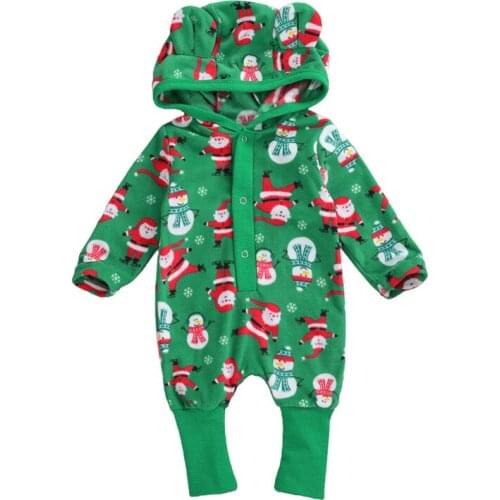 0-18M Newborn Kid Baby Boy Girl Christmas Clohtes Long Sleeve Santa Claus Cartoon Print Romper Long Sleeve Hooded Xmas Jumpsuit