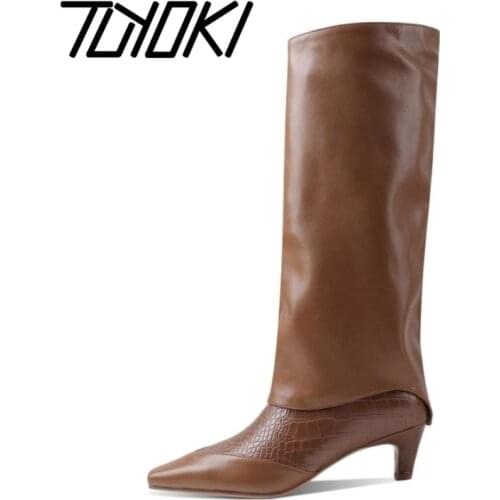 Tuyoki New Women Knee High Boots Shoes Square Toe Low Heel Slip On Solid Color Western Boots Party Ladies Footwear Size 34-43