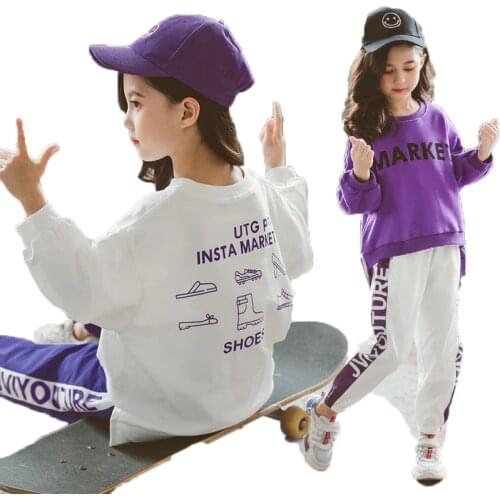 Childrens Sports Suit White/Purple Letters Pullover Sweatshirt+Trousers Teenage Girls Clothes Set Casual 9 10 11 12 13 14 Years