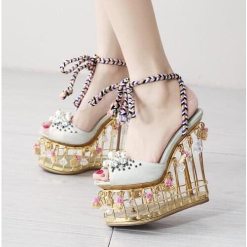 Cage Fretwork Heels Peep Toe Pearls Woman Ropes Lace Up Platform Wedge Sandals Sweet 3D Floral Iron Net Shoes