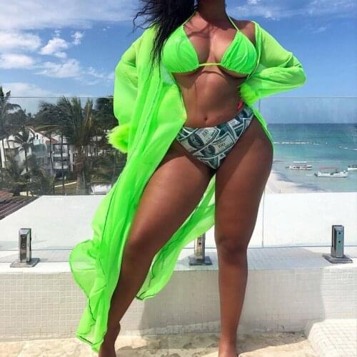 Fur Stitching Beach Cover Up Bathing Suit Three Piece Set Swimwear Women Fluorescent Green Dollar Print Beach Sunscreen Tunic