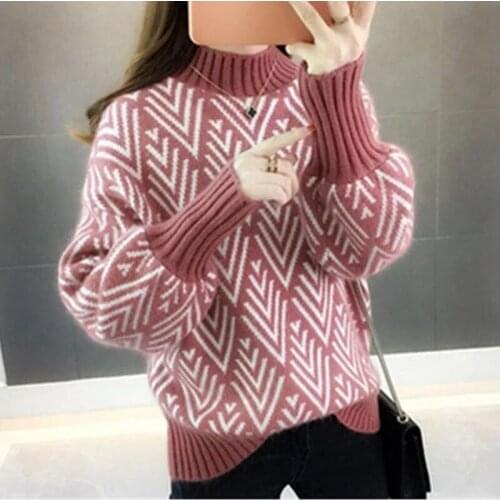 Half High Neck Diamond Check Sweater Women Winter New Style Pullover Korean Loose Thick Base Long Sleeves