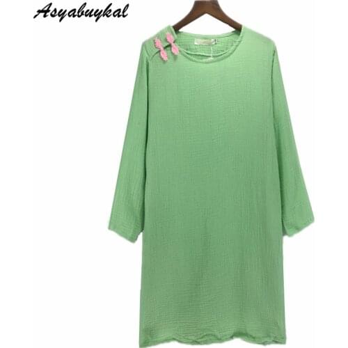 Women O-neck long sleeve cotton Linen Dress Solid Red White Purple Casual brand Dress Plus size Original Vintage Dresses S-6XL