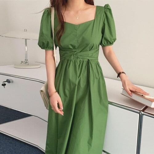 One-Piece Korean Fashion Office Ladies Dress 2021 Summer Vintage Square Collar Puff Sleeve Solid Casual Dress Midi Dress Female