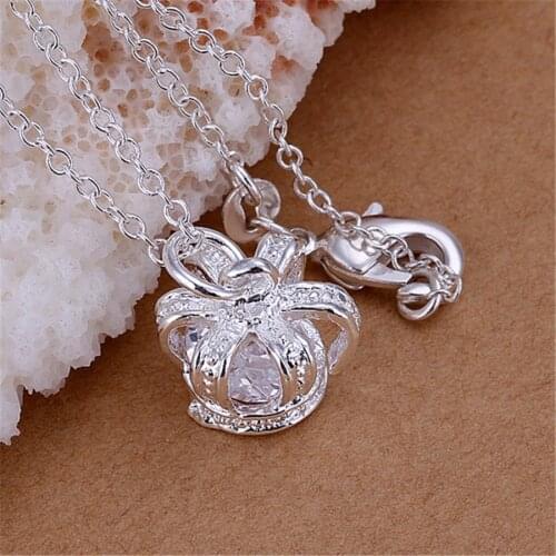 925 Sterling Silver Necklace For Women Shining crystal crown Pendant 18 inches Christmas gift high quality wedding party Jewelry