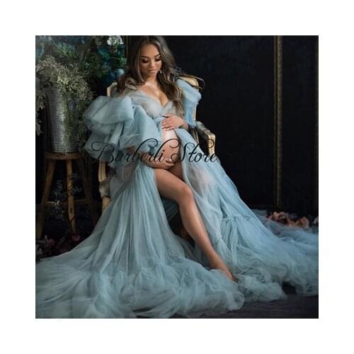 Sky Blue V Neck Ruffles Tulle Maternity Dress Charming Half Sleeves Long Robe To Photography Women Jacket Vestidos