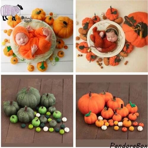 100%Handmade Newborn Photography Background Props Infant Baby Photo Shoot Wool Felt Halloween Pumpkin Backdrops+Wool Blanket