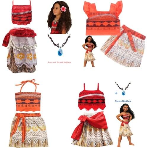 2020 Girl Moana Cosplay Costume for Kids Vaiana Princess Dress Clothes with Necklace for Halloween Costumes Gifts for Girl 3-10Y