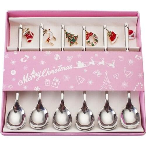 6pcs Christmas Stainless Steel Spoon Set Xmas Pendant Coffee Mixing Scoops New Year Table Decorating Tableware Christmas Gifts
