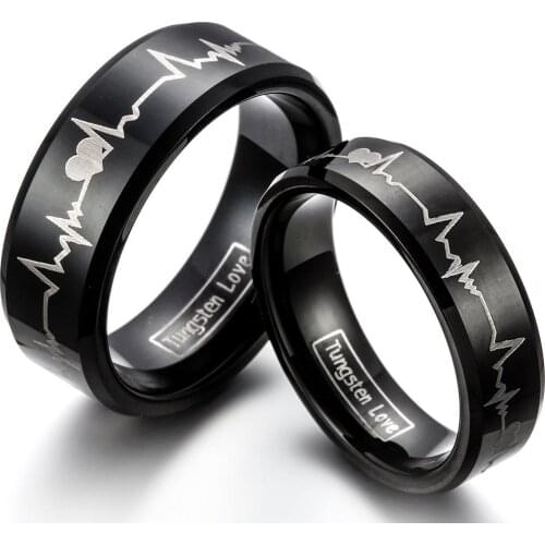 8mm Black Tungsten Carbide Rings with Heartbeat Shaped for Men Hight quantity Engagement Wedding Bands Size 5-16