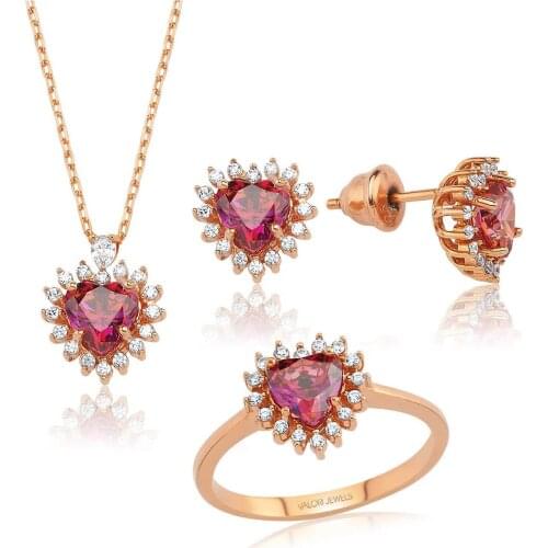Valori Jewels 3 Carat, Elegant Heart, Zirconia Red Heart Gemstone, Rose Gold Plated, Sterling Silver Trio Set