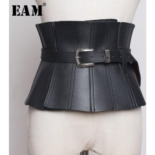 [EAM] 2021 New Spring Summer Pu Leather Black Ruffles Buckle Split Joint Personality Wide Belt Women Fashion All-match JW179