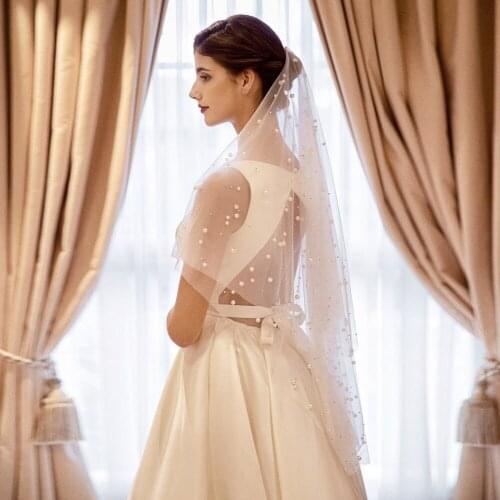 V13 White Wedding Veil Long Pearl Soft Bridal Veils With Comb Tulle Ivory Bride Purdah Wedding Accessori