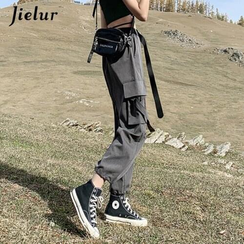 Jielur Cargo Pants Women Loose BF Cool High Waist Straight Trousers Sports Casual Pockets Pants Pantalon Black Gray Femme S-XL